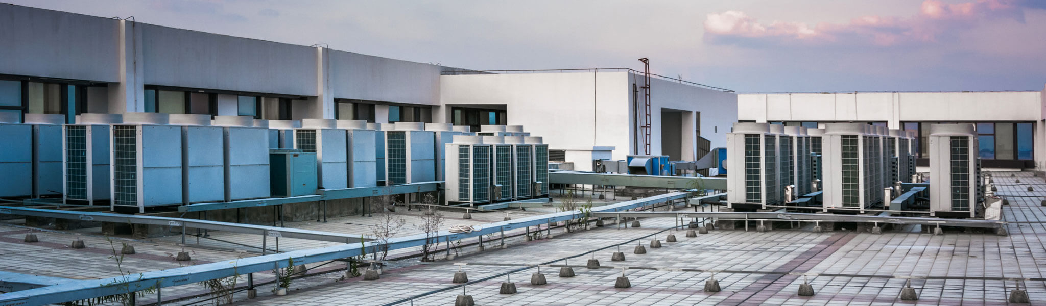 Outdoor Row Of Compressor Hvac Chiller Fan Coil Unit (fcu) Of Air Conditioning.